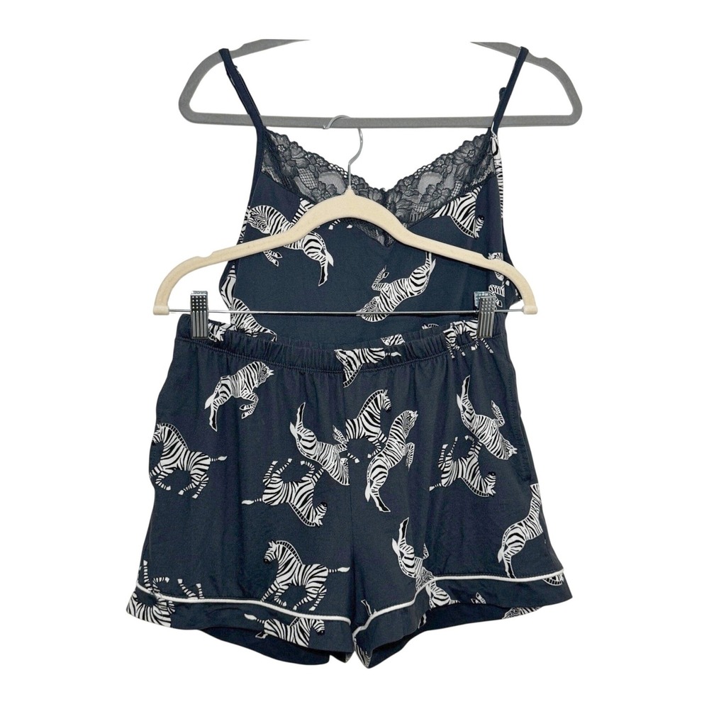 Joyspun Womens Zebra Print Pajama Set Dark Gray Lace Trim Cami & Shorts M/S